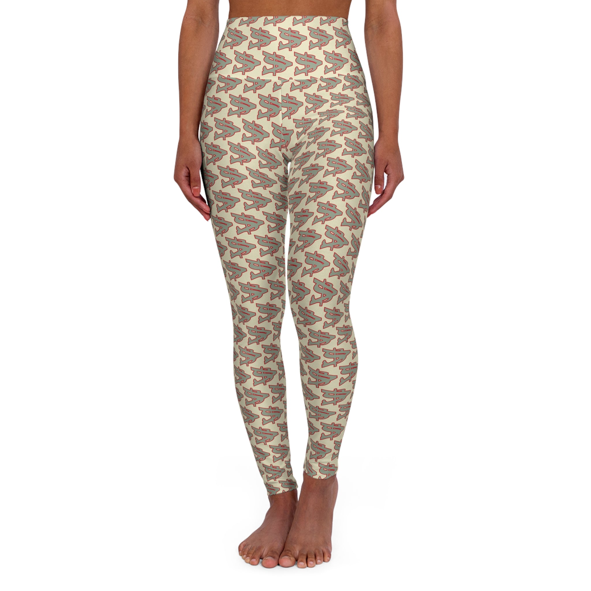 Alota Note$ Garmentry ‘>$’ Icon Pattern High Waisted Yoga Leggings (AOP) - DGMGR Oatmeal