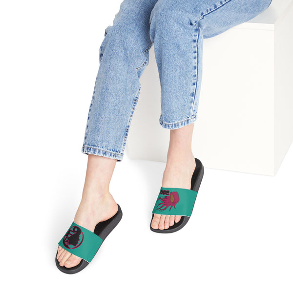 On Fleek Cosmetics Women's PU Slide Sandals-teal/teal/deep pink