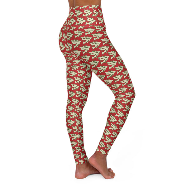 Alota Note$ Garmentry ‘>$’ Icon Pattern High Waisted Yoga Leggings (AOP) - DGMGR Red