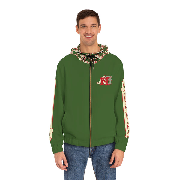 Alota Notes Garmentry 'ANG Monogram & Wordmark' Men's Full-Zip Hoodie (AOP) - DGMGR Forest