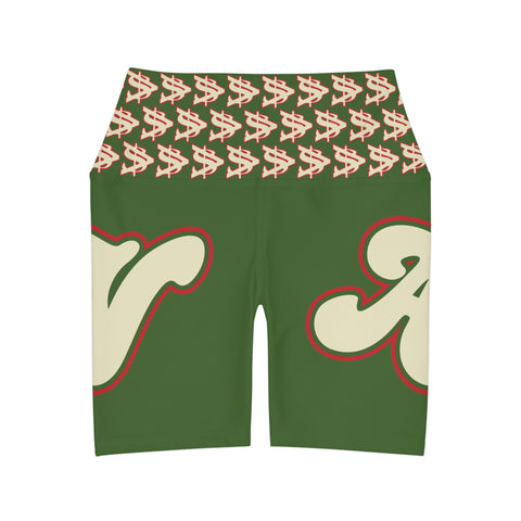 Alota Note$ Garmentry Lettermark & Icon Pattern High Waisted Yoga Shorts (AOP) - DGMGR Hunter