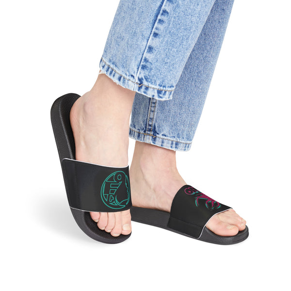 On Fleek Cosmetics Women's PU Slide Sandals-black/teal/deep pink