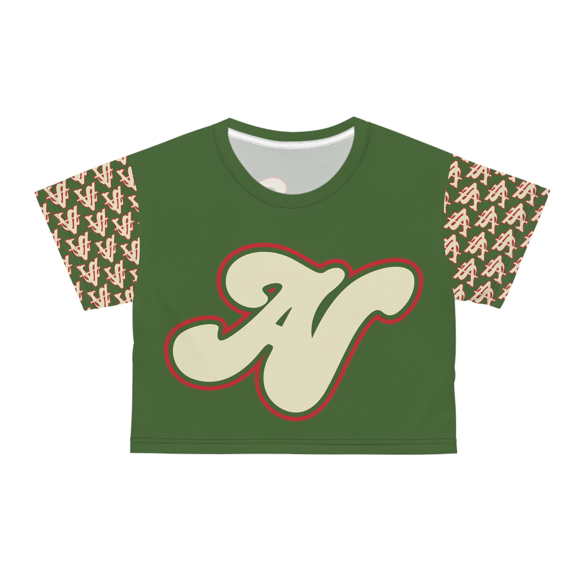 Alota Note$ Garmentry Lettermark/Monogram &  ‘>$’ Icon Pattern Sleeve Crop Tee (AOP) - DGMGR 2