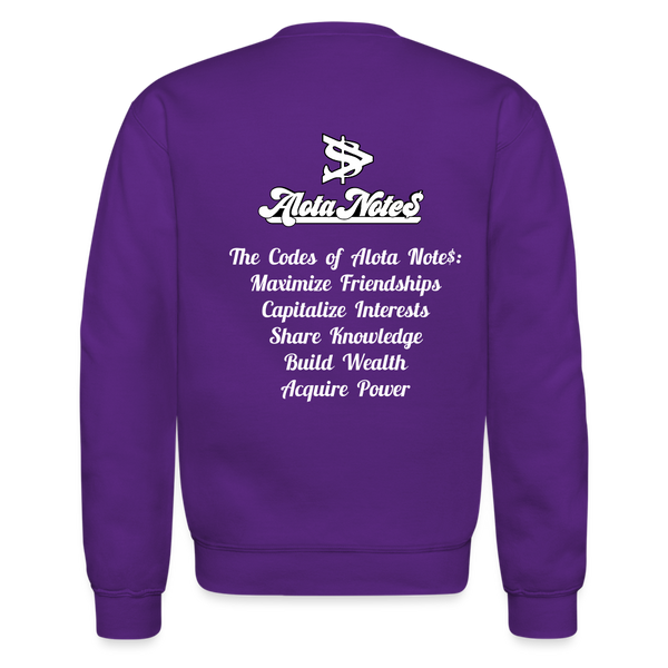 Alota Note$ Monogram 'Listed Codes' Scripted Sleeve Unisex Crewneck Sweatshirt - purple