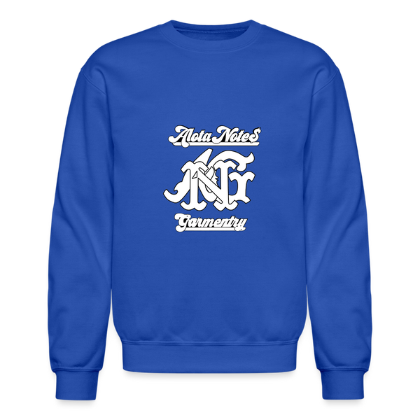 Alota Note$ Monogram 'Listed Codes' Scripted Sleeve Unisex Crewneck Sweatshirt - royal blue