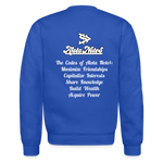 Alota Note$ Monogram 'Listed Codes' Scripted Sleeve Unisex Crewneck Sweatshirt - royal blue