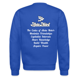 Alota Note$ Monogram 'Listed Codes' Scripted Sleeve Unisex Crewneck Sweatshirt - royal blue