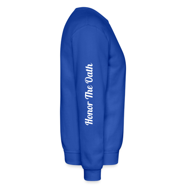 Alota Note$ Monogram 'Listed Codes' Scripted Sleeve Unisex Crewneck Sweatshirt - royal blue