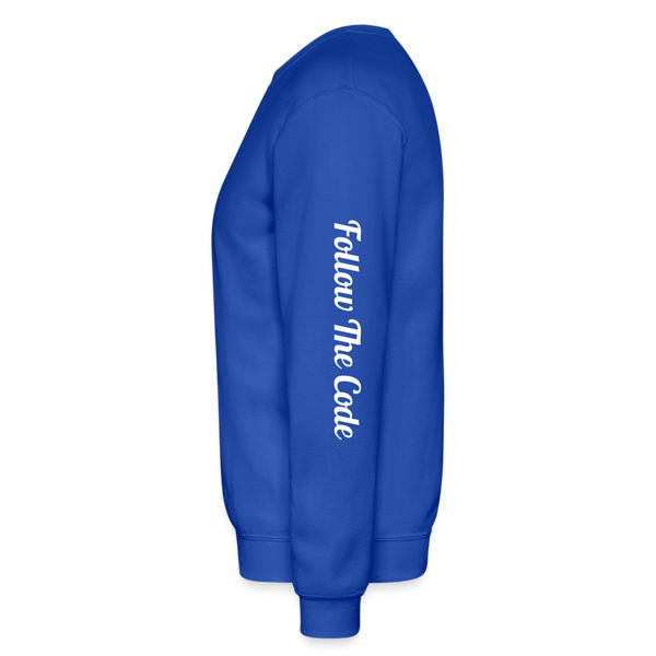 Alota Note$ Monogram 'Listed Codes' Scripted Sleeve Unisex Crewneck Sweatshirt - royal blue