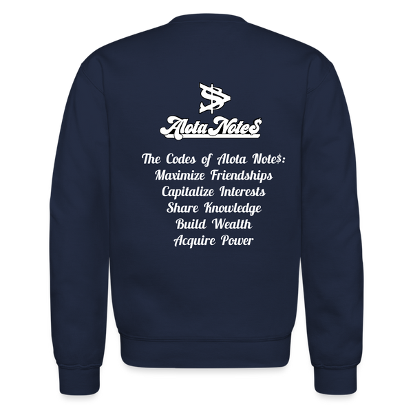 Alota Note$ Monogram 'Listed Codes' Scripted Sleeve Unisex Crewneck Sweatshirt - navy