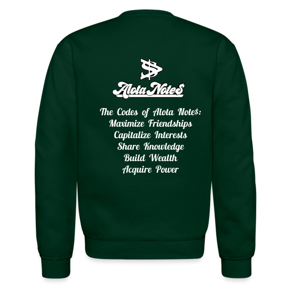 Alota Note$ Monogram 'Listed Codes' Scripted Sleeve Unisex Crewneck Sweatshirt - forest green