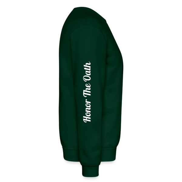 Alota Note$ Monogram 'Listed Codes' Scripted Sleeve Unisex Crewneck Sweatshirt - forest green