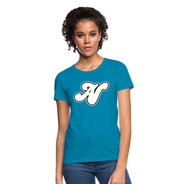 Alota Note$ White Lettermark x Icon/Wordmark Women's T-Shirt - turquoise