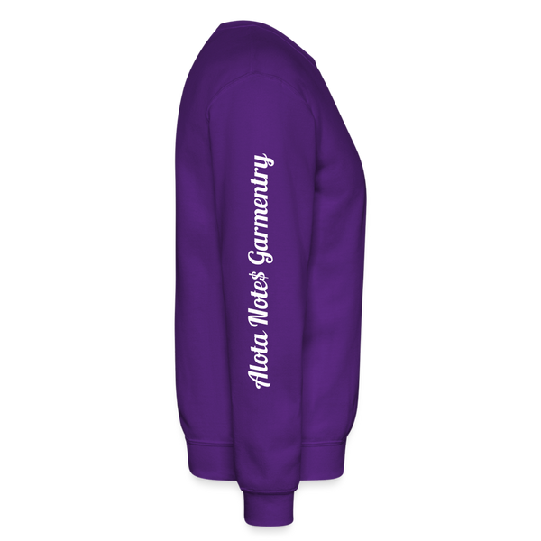 Alota Note$ Garmentry Monogram/Wordmark + Icon/Wordmark Scripted Sleeve Unisex Crewneck Sweatshirt - purple