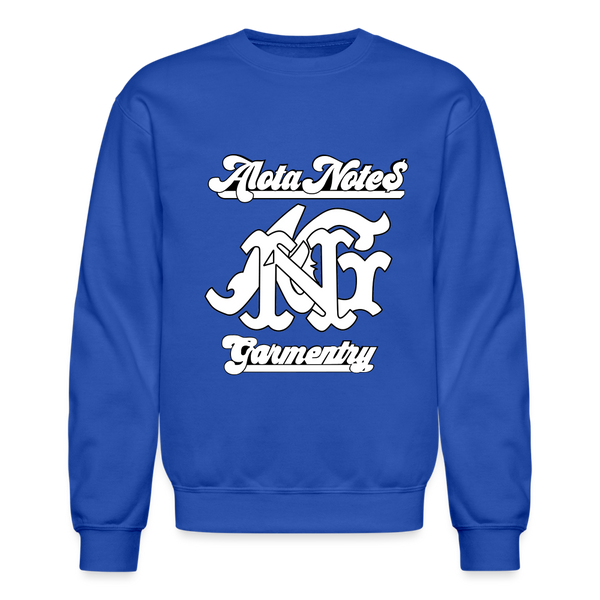 Alota Note$ Garmentry Monogram/Wordmark + Icon/Wordmark Scripted Sleeve Unisex Crewneck Sweatshirt - royal blue