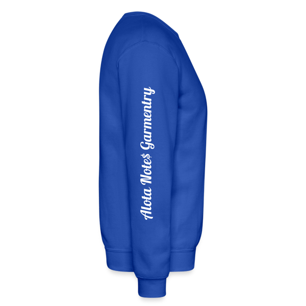 Alota Note$ Garmentry Monogram/Wordmark + Icon/Wordmark Scripted Sleeve Unisex Crewneck Sweatshirt - royal blue