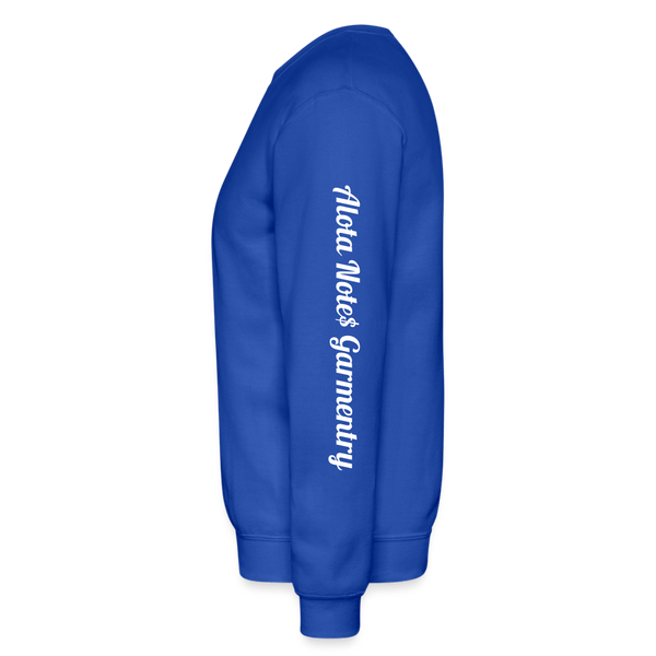 Alota Note$ Garmentry Monogram/Wordmark + Icon/Wordmark Scripted Sleeve Unisex Crewneck Sweatshirt - royal blue