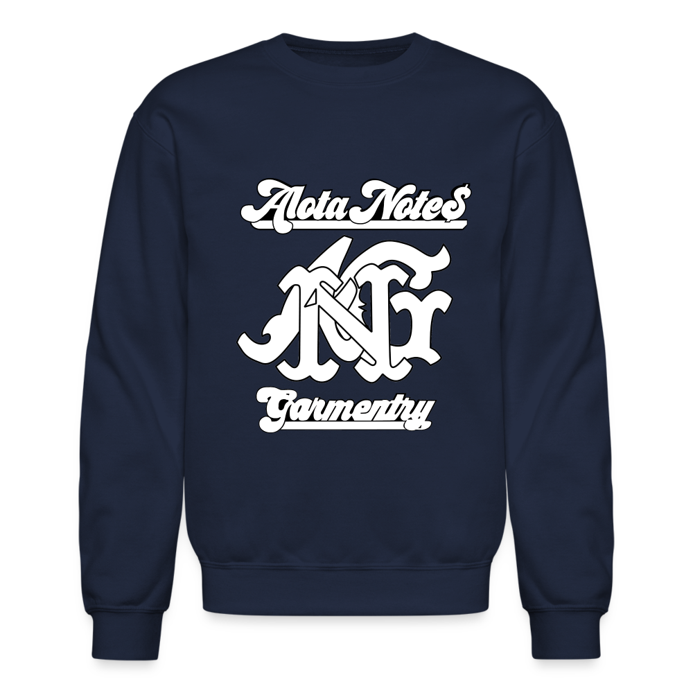 Alota Note$ Garmentry Monogram/Wordmark + Icon/Wordmark Scripted Sleeve Unisex Crewneck Sweatshirt - navy