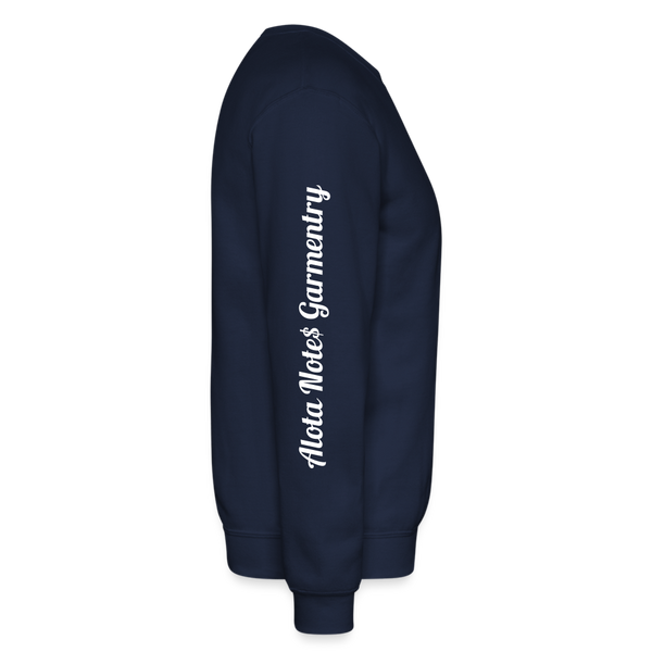 Alota Note$ Garmentry Monogram/Wordmark + Icon/Wordmark Scripted Sleeve Unisex Crewneck Sweatshirt - navy