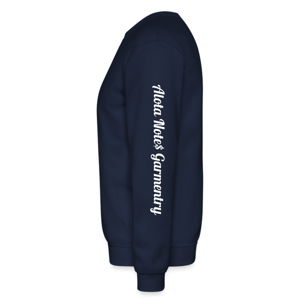 Alota Note$ Garmentry Monogram/Wordmark + Icon/Wordmark Scripted Sleeve Unisex Crewneck Sweatshirt - navy