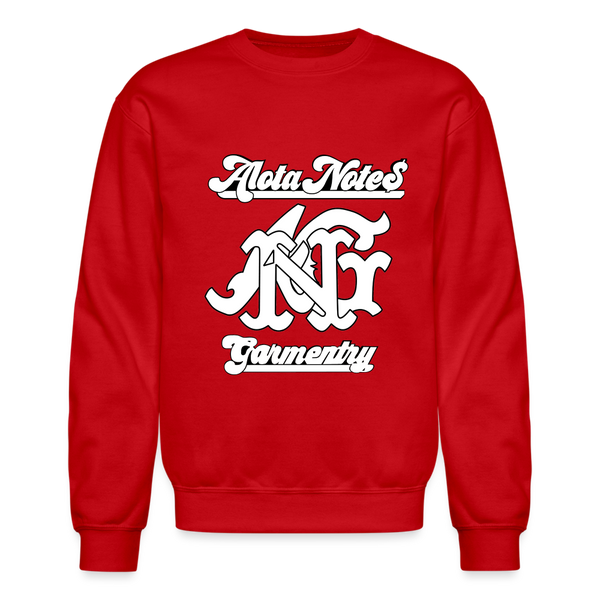 Alota Note$ Garmentry Monogram/Wordmark + Icon/Wordmark Scripted Sleeve Unisex Crewneck Sweatshirt - red