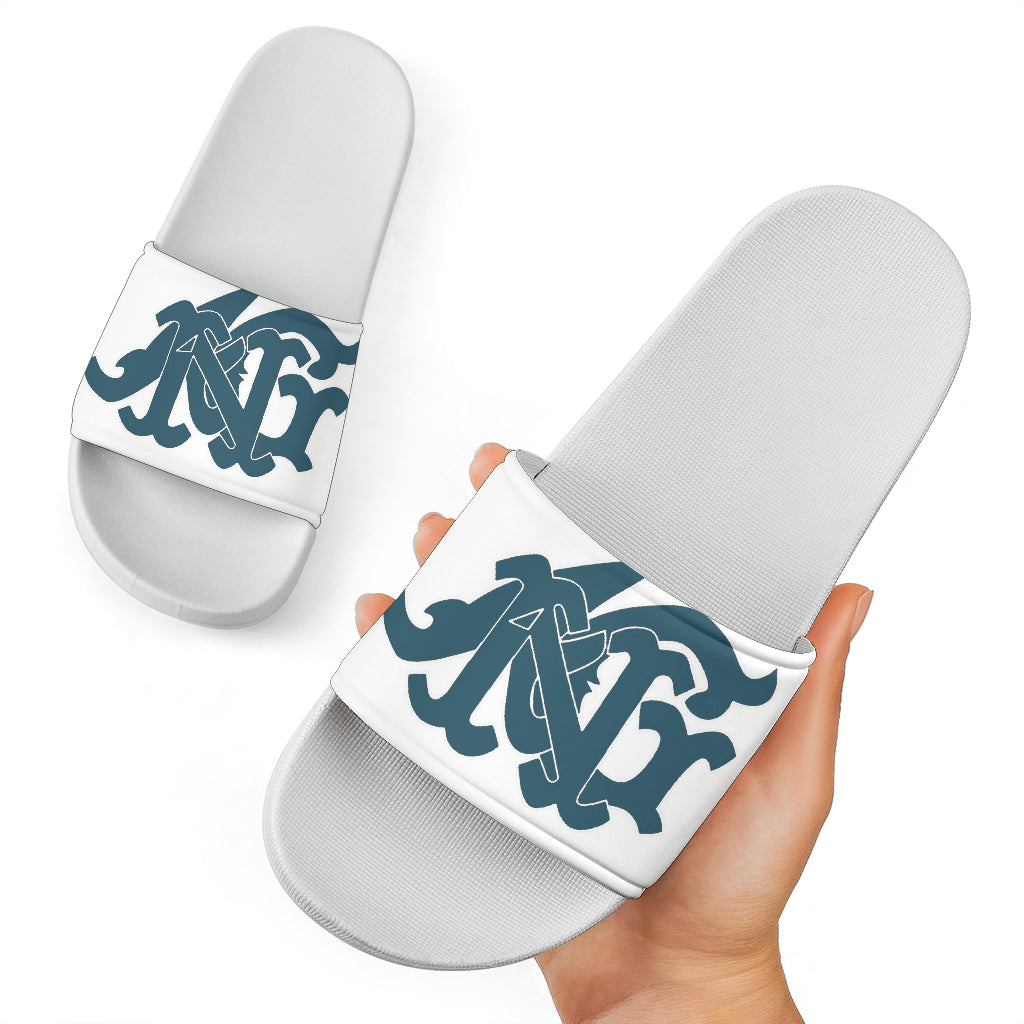 ANG Monogram Slides - White, Dark Turqouise